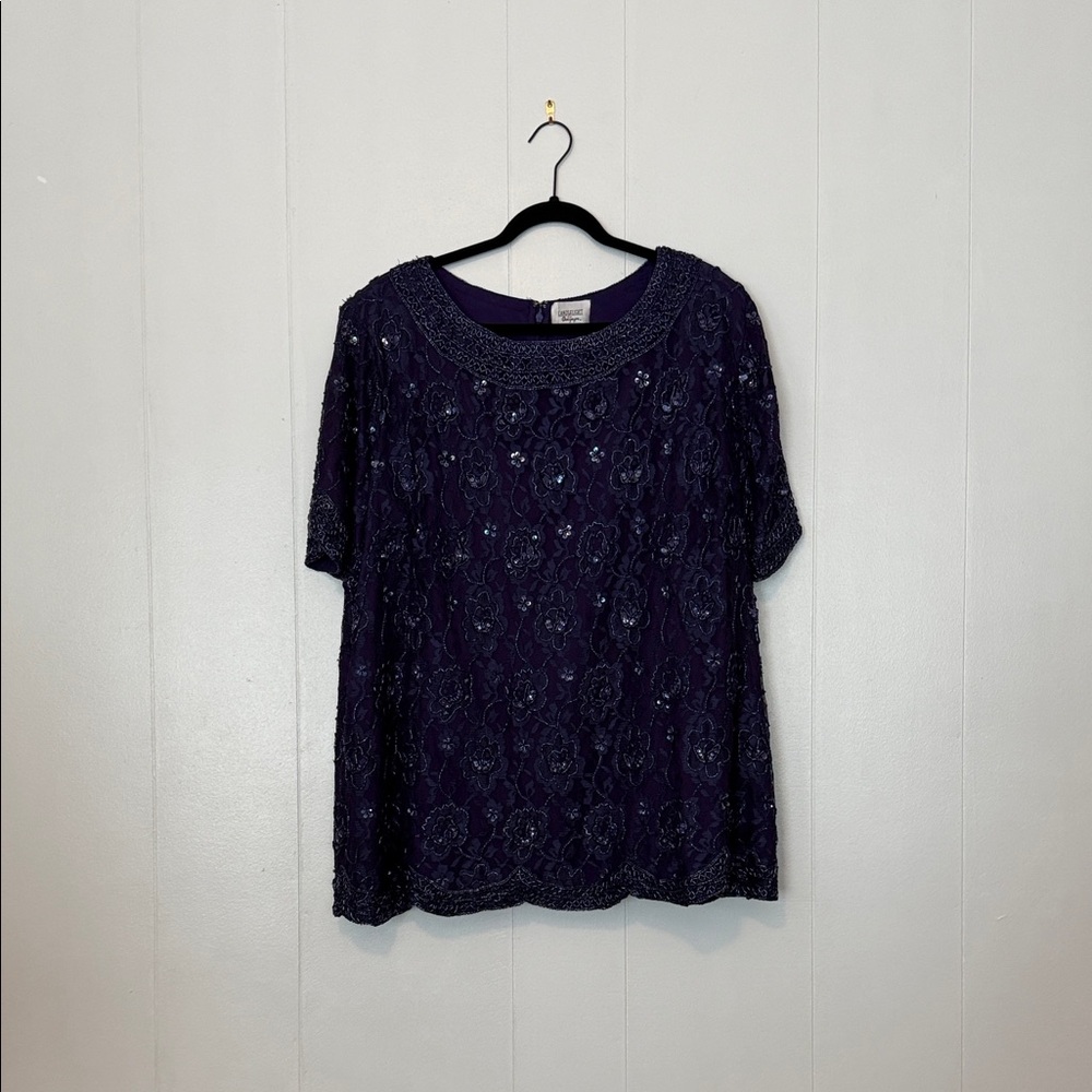 Chic Dark Purple Floral Beaded Women's Top w/ Sheer Palazzo Pants